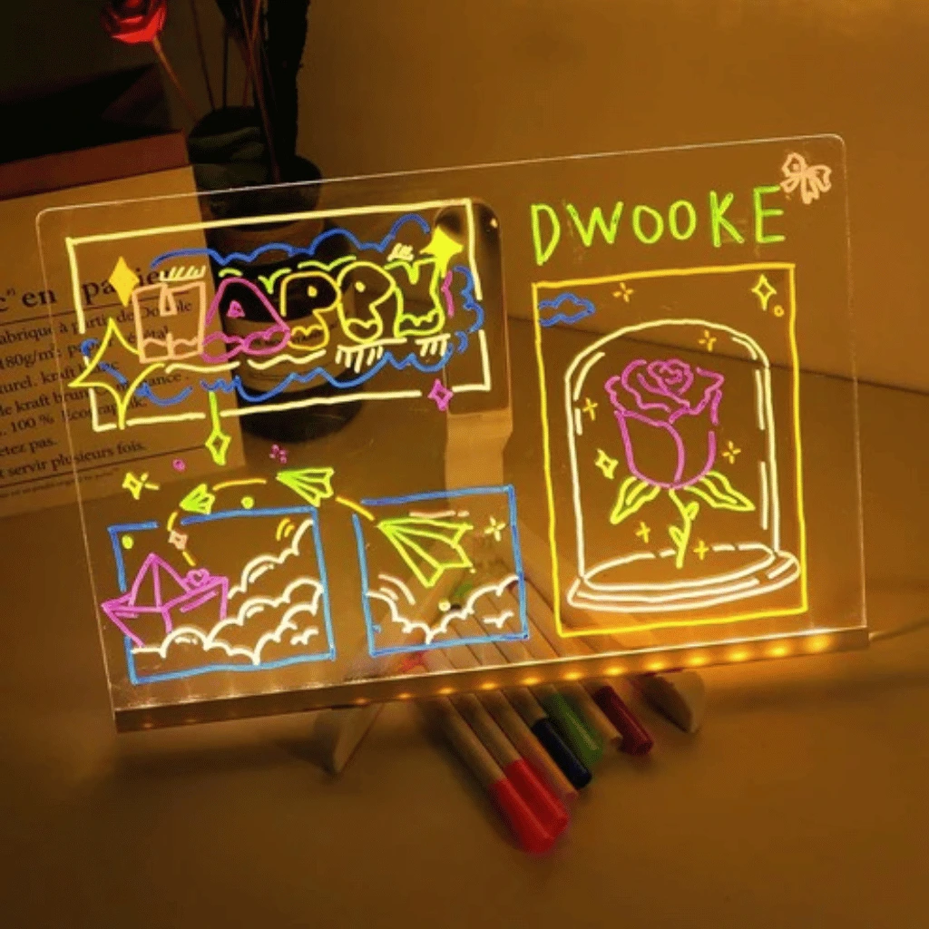 LED Light-Up Writing Board for Kids (12×8 cm) | Acrylic Message Pad with Stand