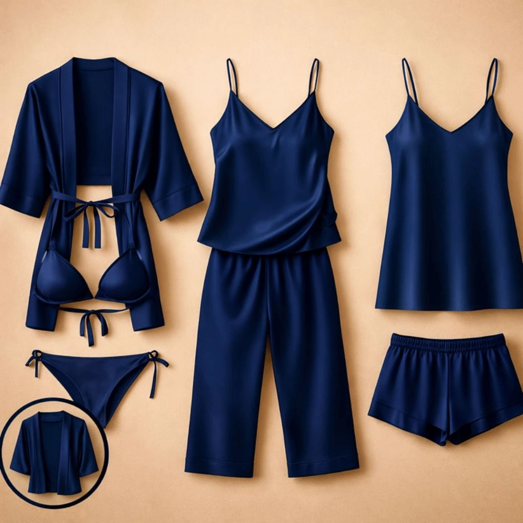 7-Piece Satin Sleepwear & Lingerie Set for Women – Luxury Nightwear Collection with Robe, Slip Dress, Free Size (black)