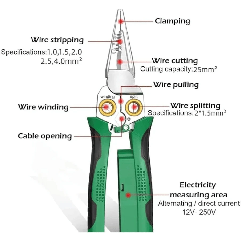 8-in-1 Multifunctional Electrician's Pliers with Voltage Tester,Wire Stripper, Wire cutter, Wire Pulling and Stripping Pliers