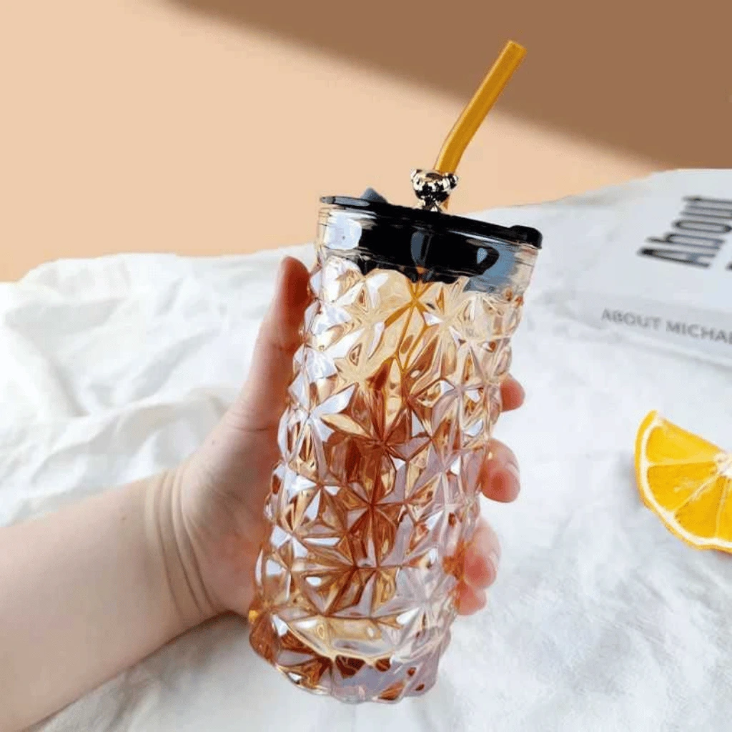 Aesthetic Straw Mason Jar with Silver Bear Lid – 450ml Glass Tumbler