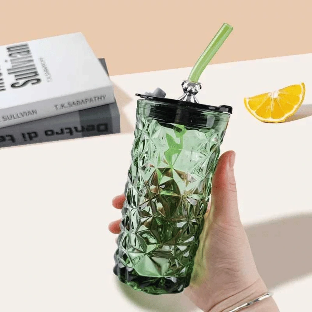 Aesthetic Straw Mason Jar with Silver Bear Lid – 450ml Glass Tumbler