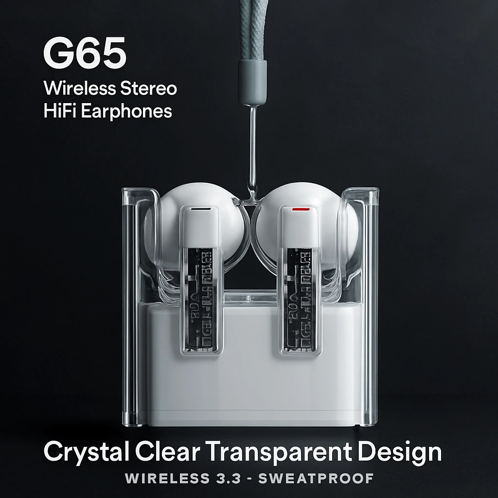 G65 Wireless Stereo HiFi Earphones Bluetooth 5.3, Transparent Design