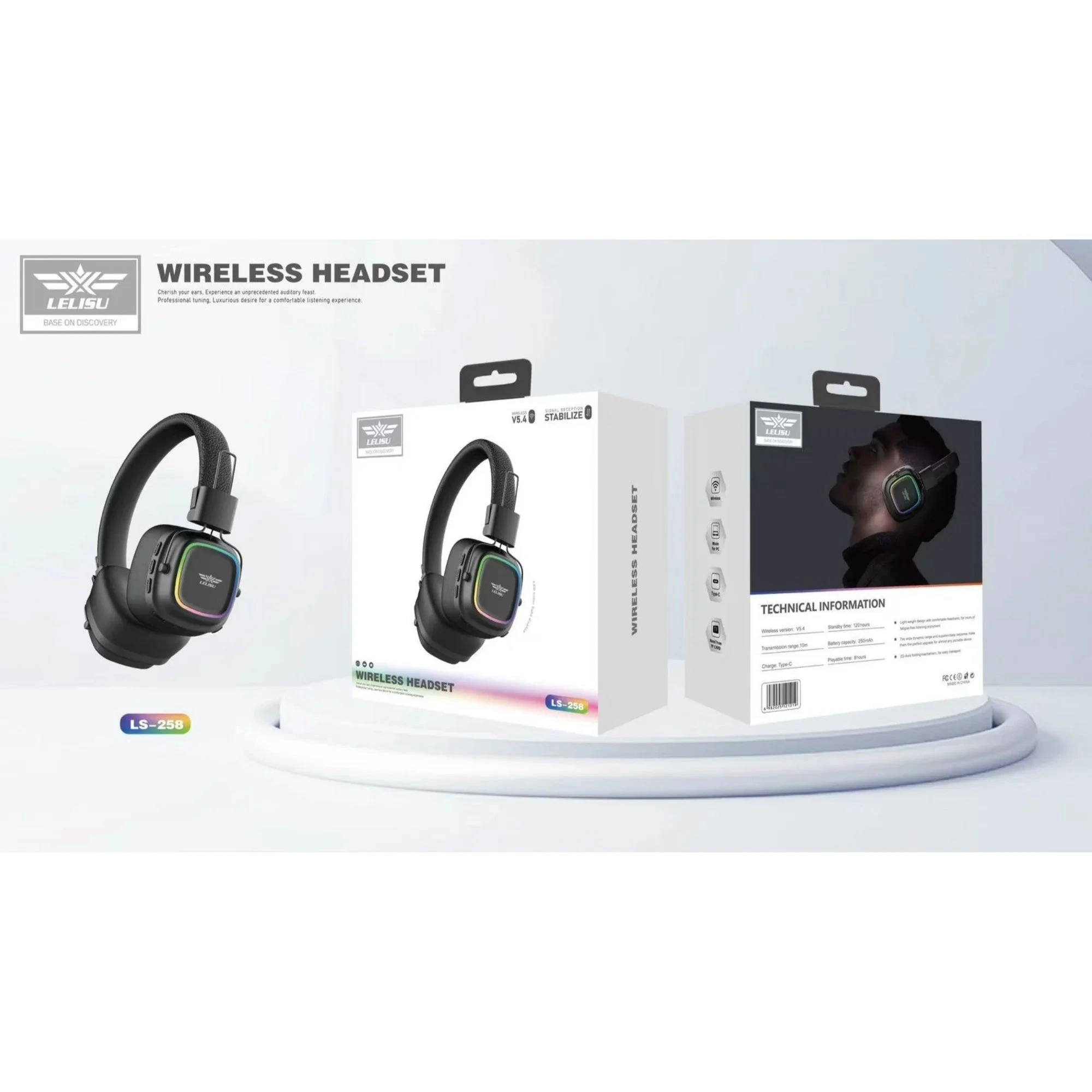 Lelisu LS-258 Wireless Stereo Headphones | Bluetooth 5.4 Over-Ear Headset with Type-C Charging & LED Lights