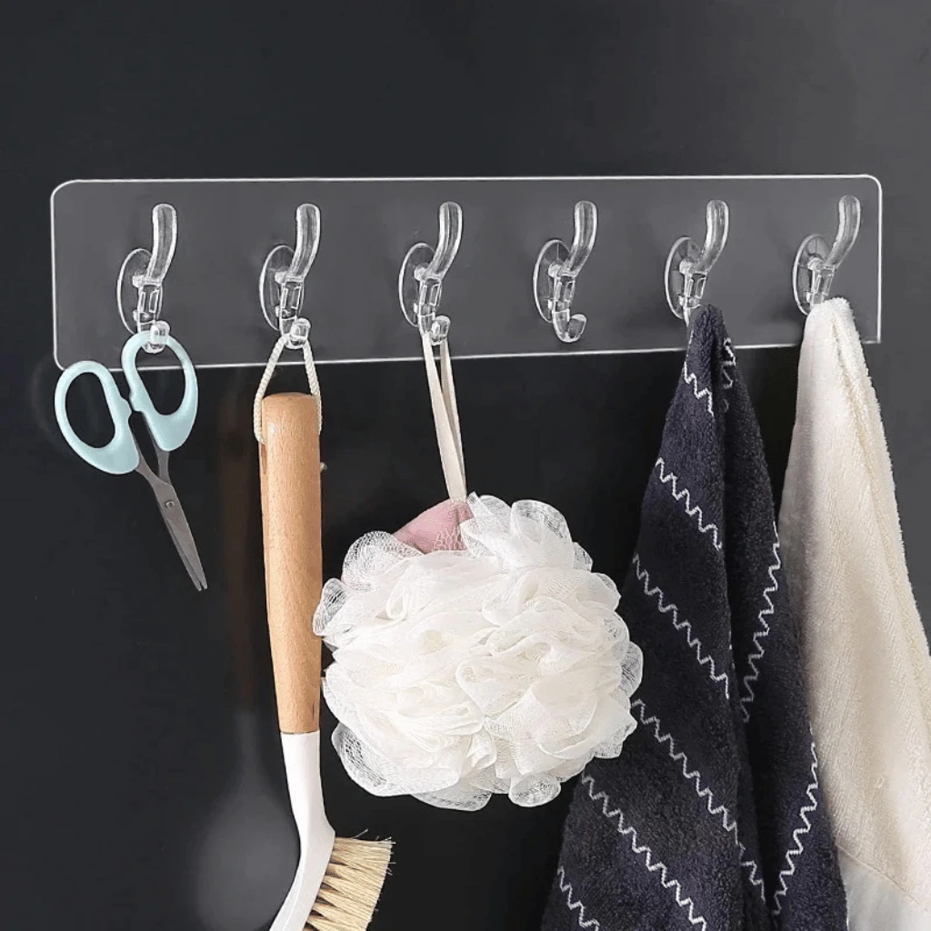 Pack of 3 Transparent 6‑Hooks Hanger | Self Adhesive | Waterproof Multipurpose Strong Clips