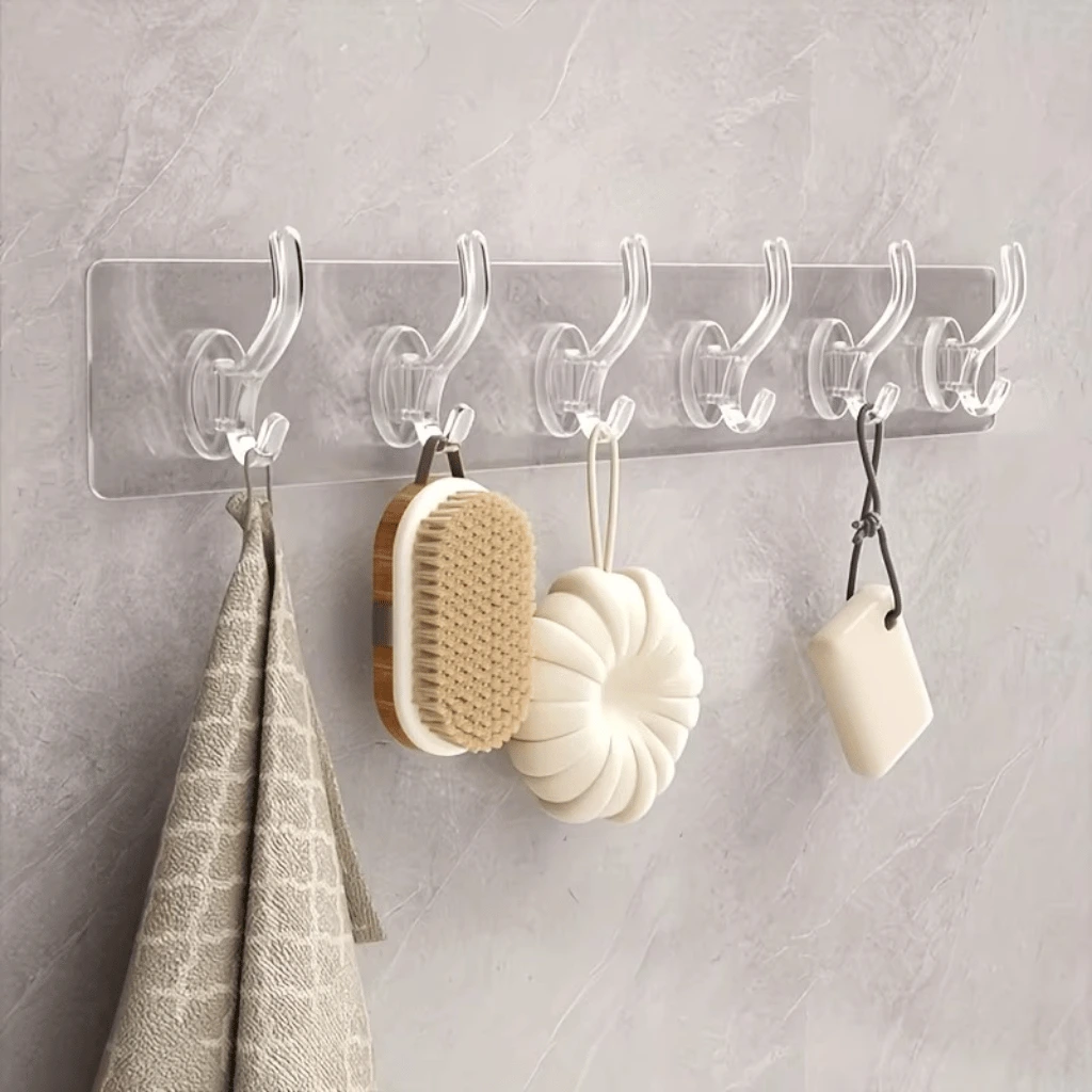 Pack of 3 Transparent 6‑Hooks Hanger | Self Adhesive | Waterproof Multipurpose Strong Clips
