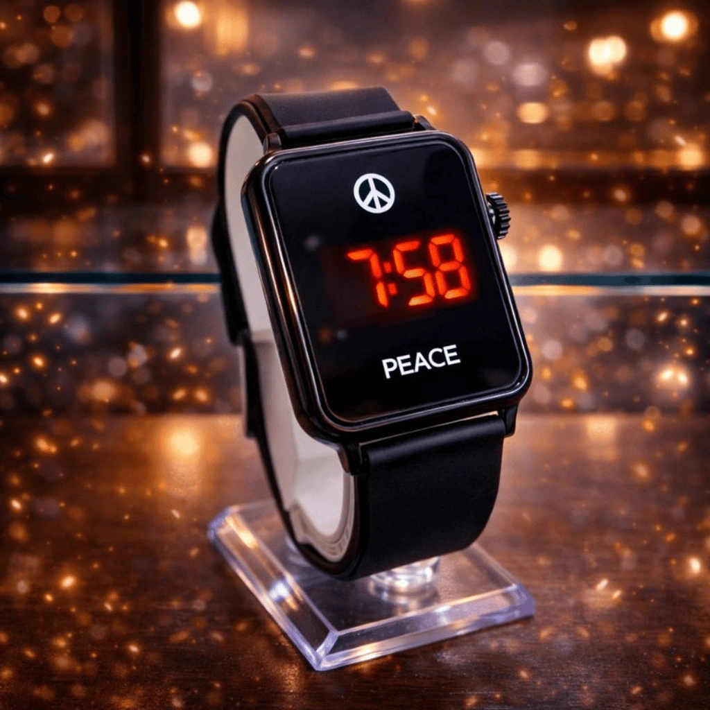 Peace Minimalist LED Digital Watch with Red Glow Display, Premium Silicone Strap