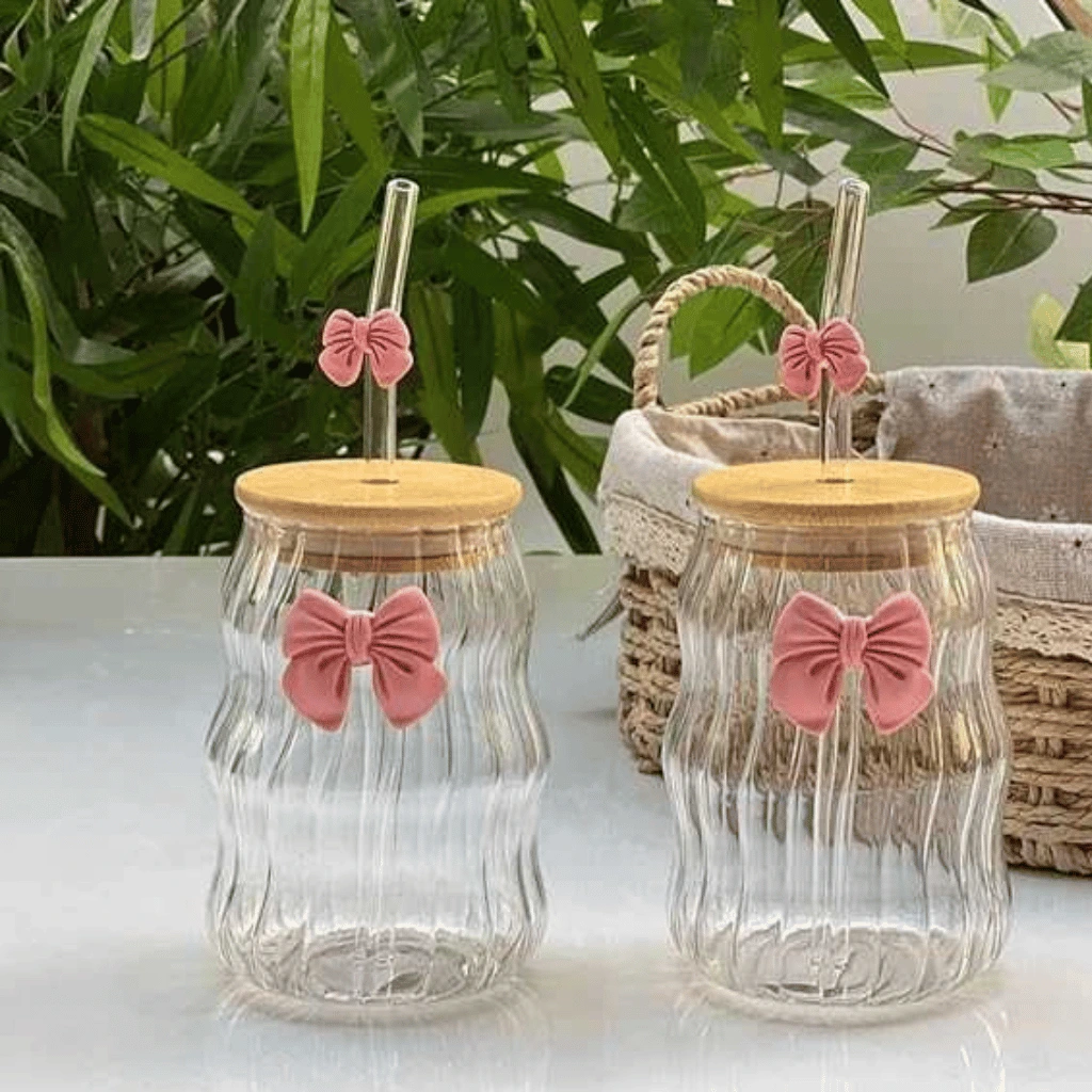 Premium 500ml Lined Glass Cup with Bow – Aesthetic Ribbed Drinking Glass
