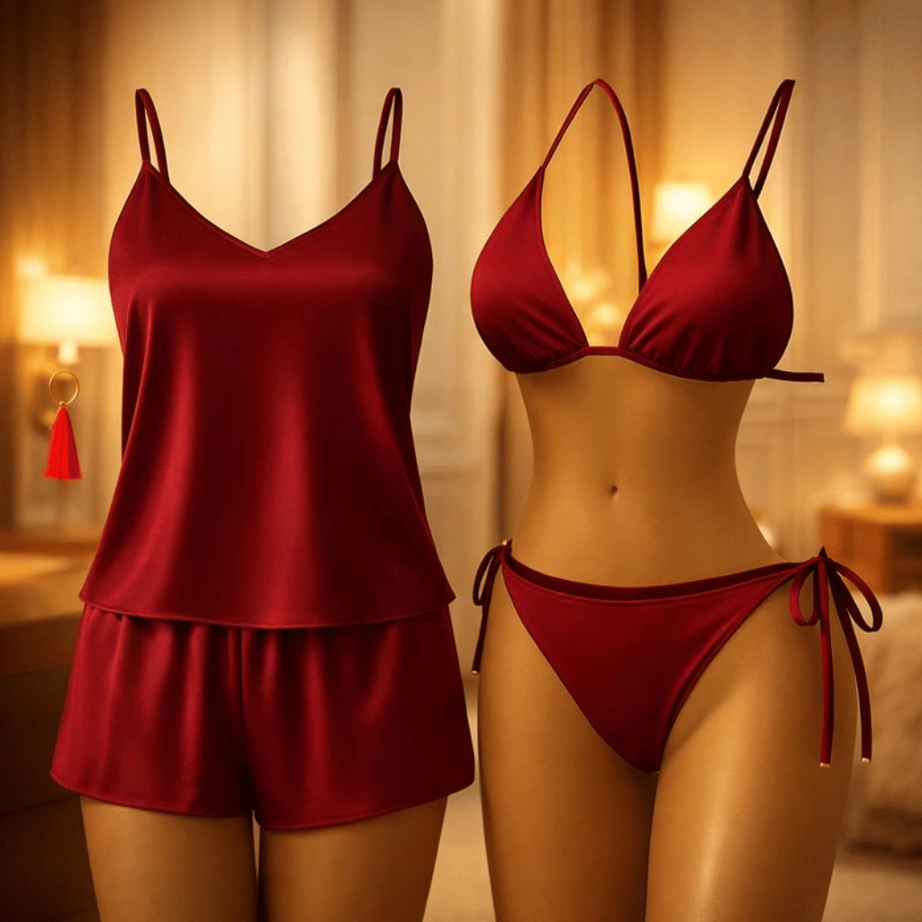 Premium Satin Sleepwear & Lingerie Combo for Women Camisole, Shorts & Halter Bikini | Free Size |