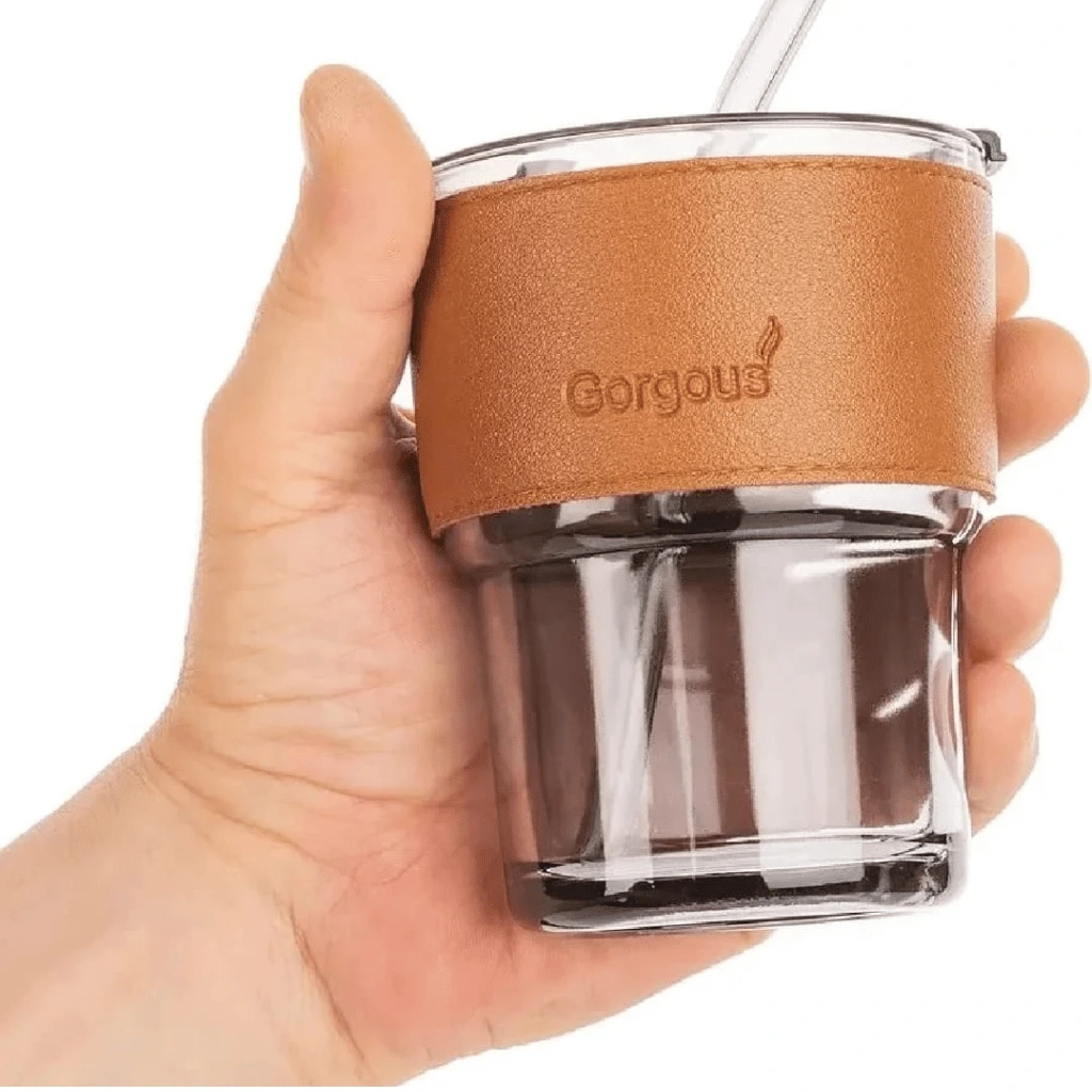 Reusable Coffee Mug with Straw Leakproof Lid & Heat-Resistant PU Leather