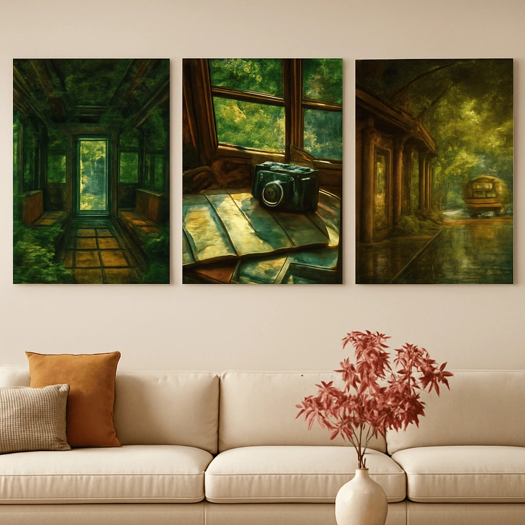 Set Of 3 Nature Art Wooden Frames For Wall Decoration / Sticky Photo Tile