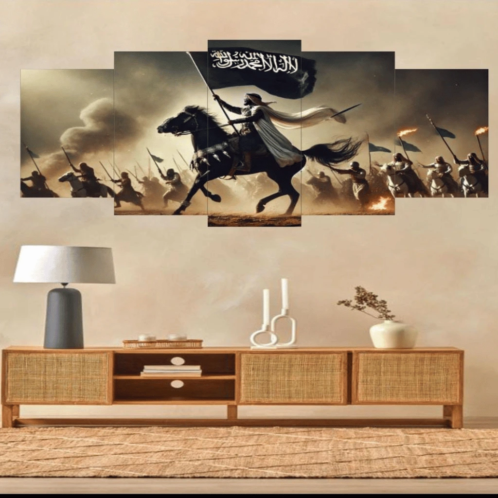 Set of 5 Panels Islamic Warrior Canvas Wall Art Wooden Sticky Tile Frames with Double Tape (Size 16x40 inches)