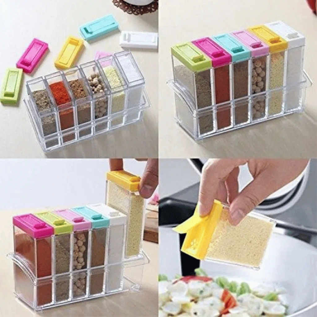 Set of 6 Spice Jars Dispenser Masala Rack Easy Flow Storage Crystal