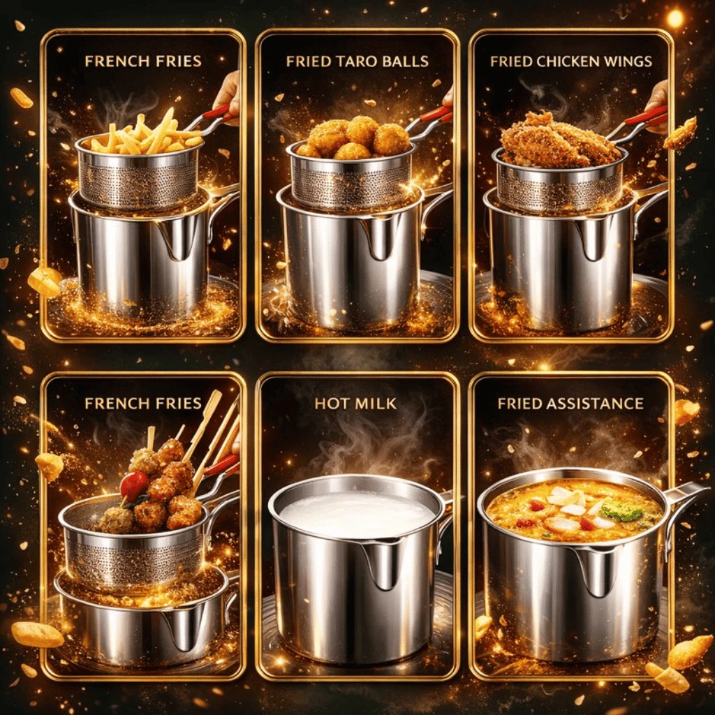 Stainless Steel Deep Fryer Pot with Strainer Pan (1200ML Capacity)