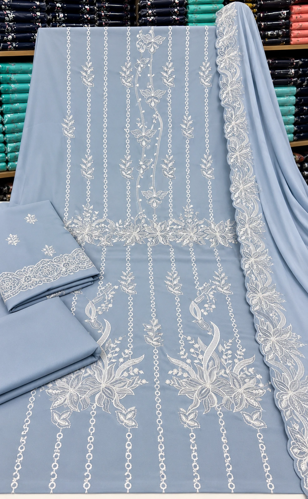 Ice Blue Embroidered Dhanak Dany Dar 3 Piece Suit